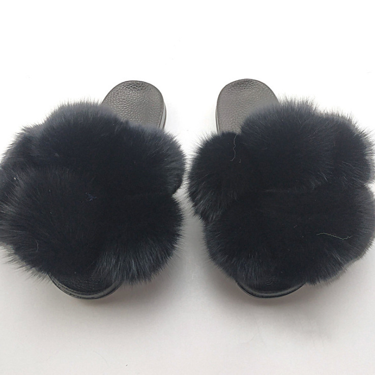 Wearing European And American Fashion Home Flat Color Fur Slippers Women Black - Shop at LoveMi