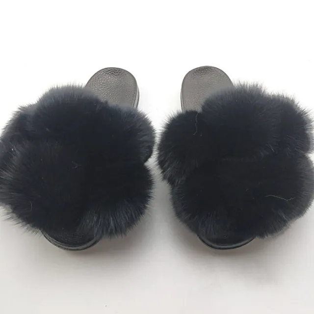 Wearing European And American Fashion Home Flat Color Fur Slippers Women Black - Shop at LoveMi