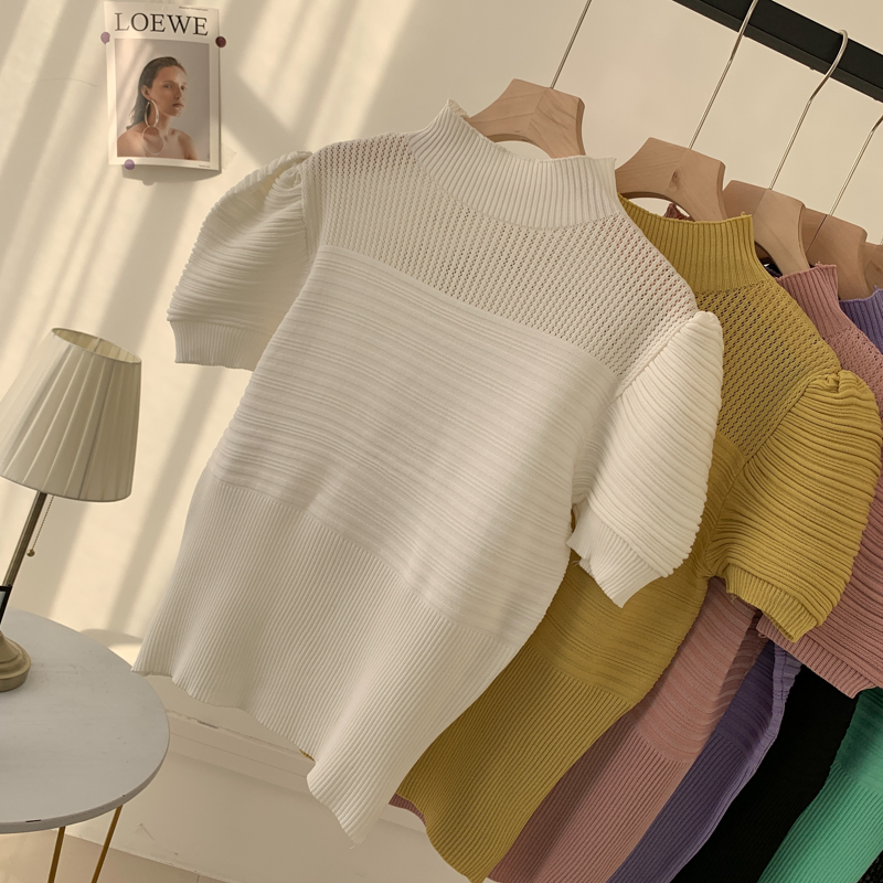 Spring New Half High Neck Top With Puff Sleeve Bottoming Shirt