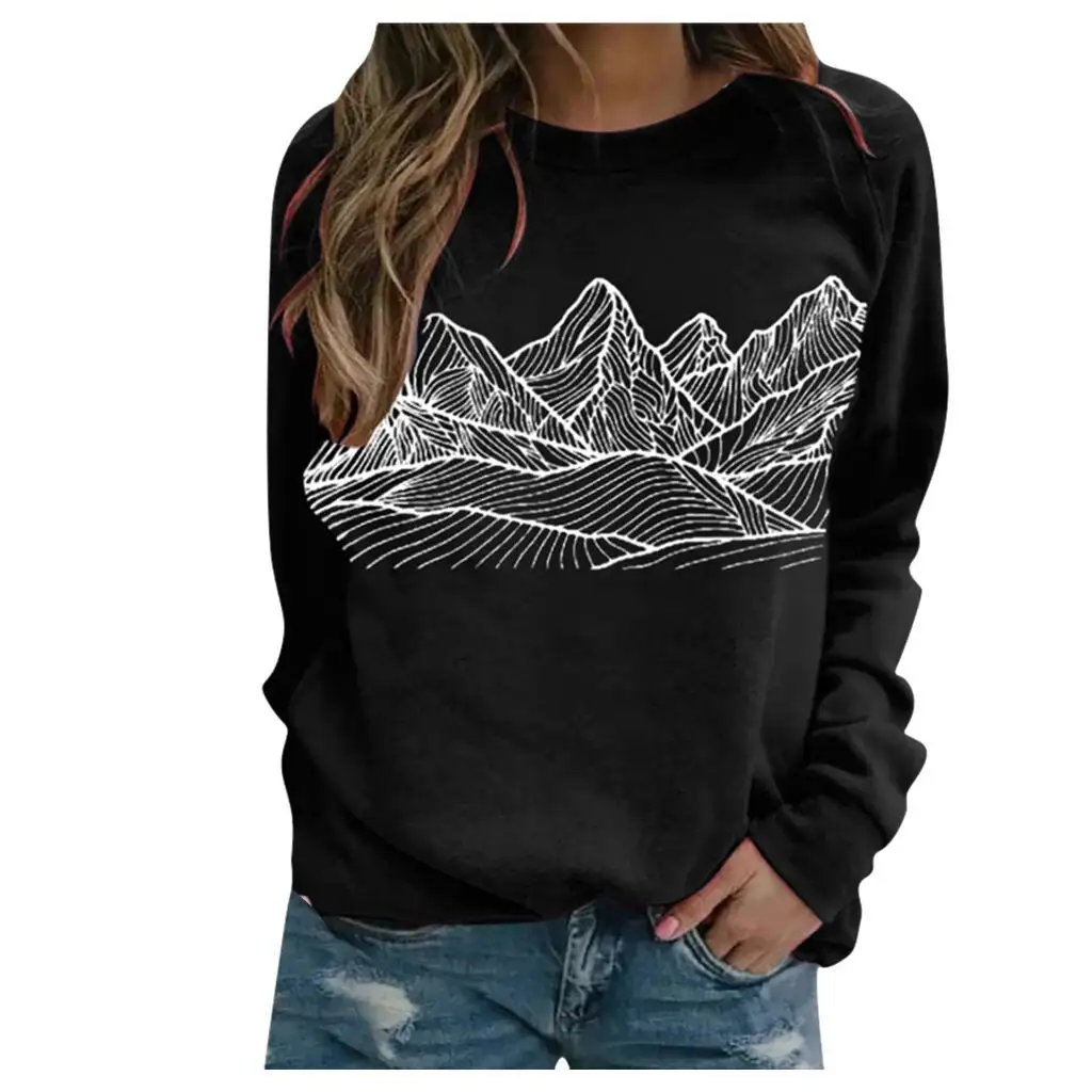 Loose Round Neck Mountain Print Long Sleeve Sweater