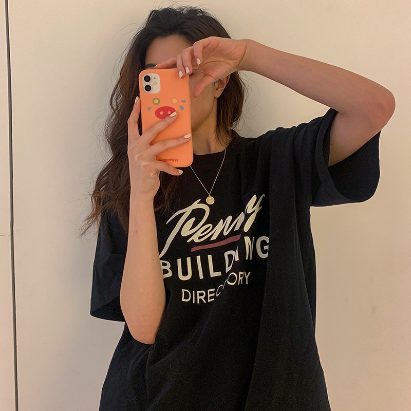 SummerNew Korean Women's letterPrinting Mid-length T-shirt Women's Short-SleevedLoose Super Fire Student Top