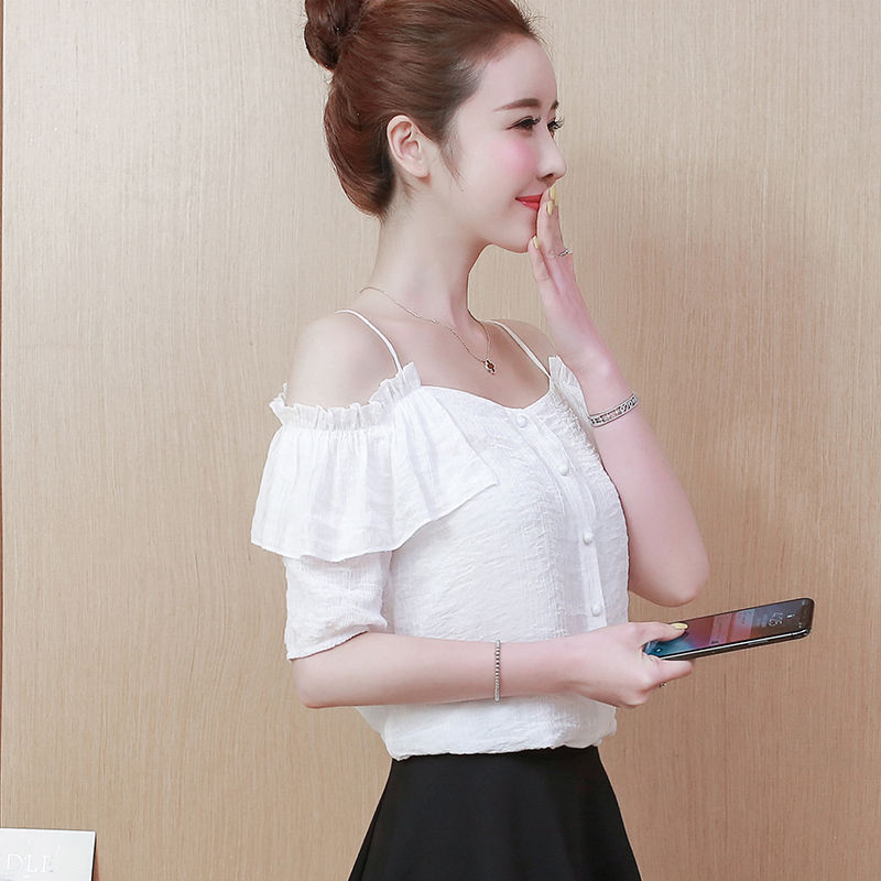 Short-Sleeved Super Fairy Sweet And Thin Sexy Off-The-Shoulder Chiffon Shirt
