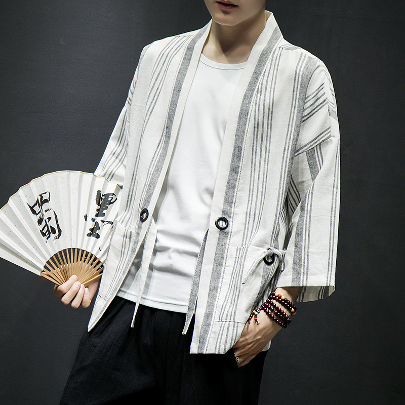 Men's Striped Cotton And Linen Hanfu Cardigan