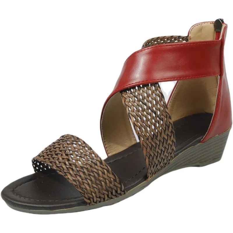 Hollow Braided Strap Ladies Sandals Open Toe Wedge Sandals - Red