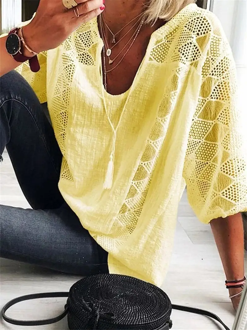 European And American Lace Stitching U-neck Three-quarter Sleeve Top