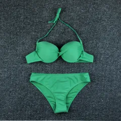 Solid Colour Hard Bag Backless Sexy Bikini Swimsuit Women - Green - View 1