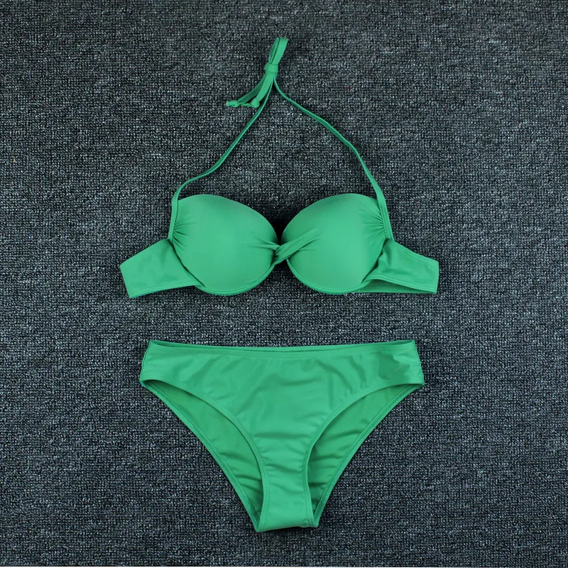 Solid Colour Hard Bag Backless Sexy Bikini Swimsuit Women - Green