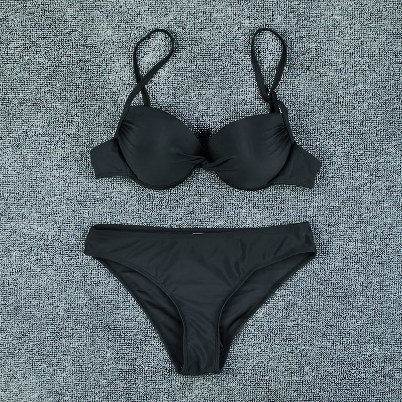 Solid Colour Hard Bag Backless Sexy Bikini Swimsuit Women - Black