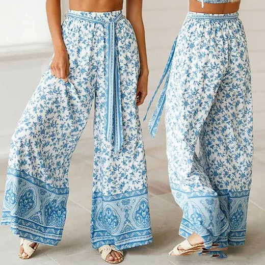 Fashion Casual Loose Printed Women's Trousers Blue - Shop at LoveMi