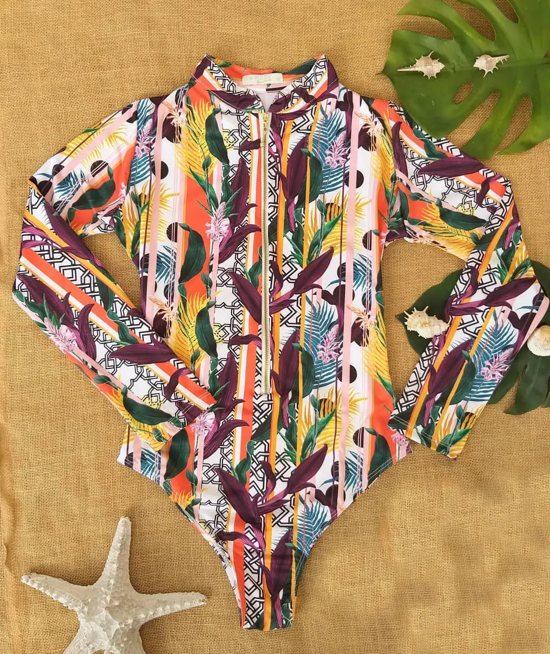 Flower Print Swimsuit Female One-Piece Bikini Long-Sleeved Swimsuit