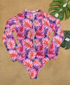 Flower Print Swimsuit Female One-Piece Bikini Long-Sleeved Swimsuit - Pink - View 1