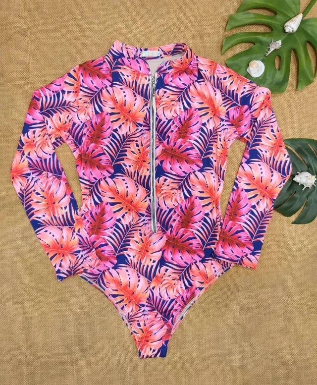 Flower Print Swimsuit Female One Piece Bikini Long Sleeved Swimsuit Pink - Shop at LoveMi