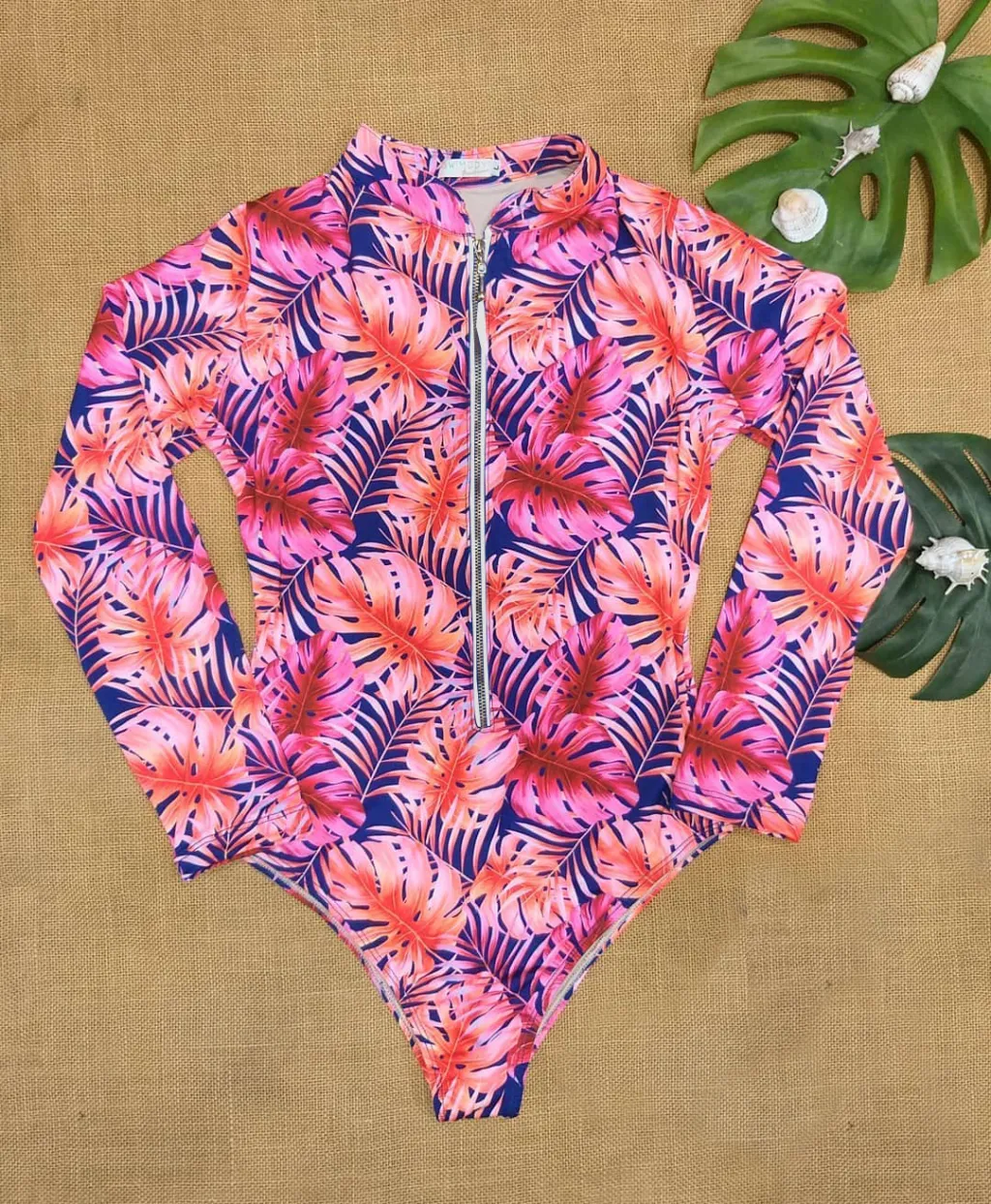 Flower Print Swimsuit Female One-Piece Bikini Long-Sleeved Swimsuit - Pink