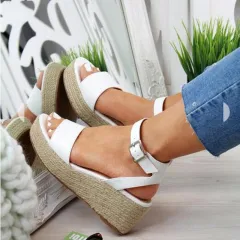 Large Size Buckle Shoes Flat Hemp Rope Ladies Sandals - White - View 1