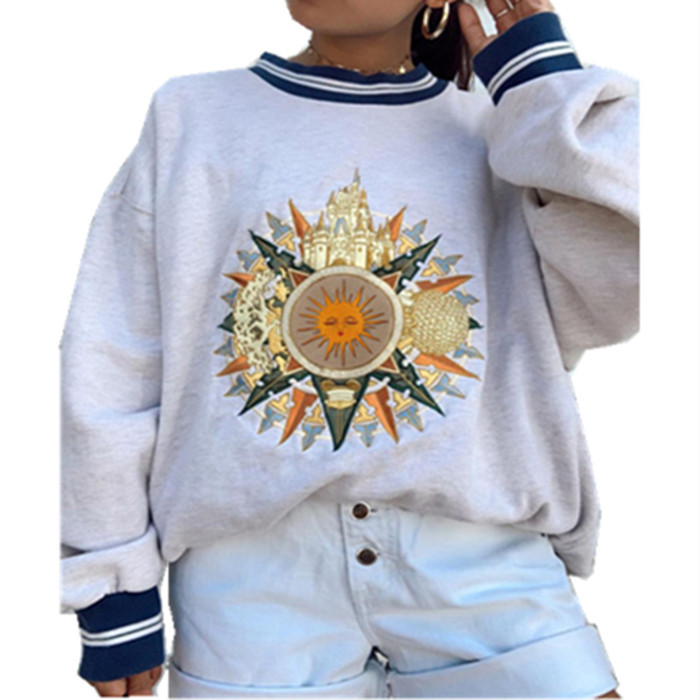 Women's Fashion Personality Printing Round Neck Loose Pullover Long Sleeve Sweater Women