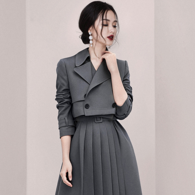 Western Style Suit Gray Ppleated Skirt Two-Piece Temperament