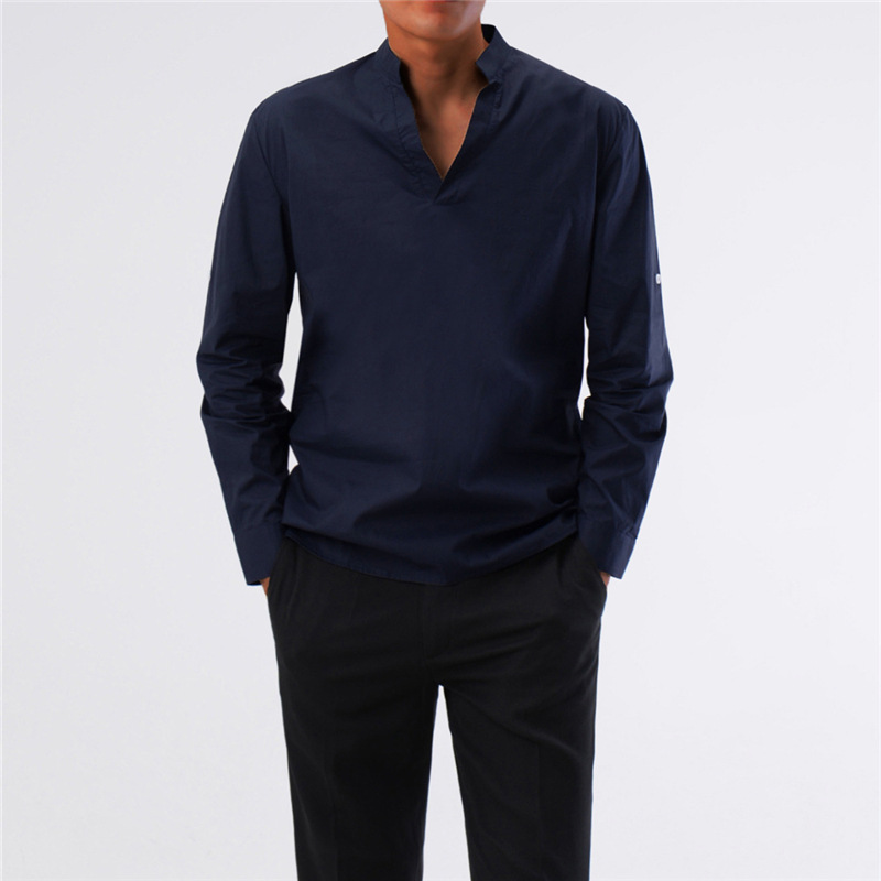 Men's Solid Color Pullover Stand Collar Long Sleeve Shirt