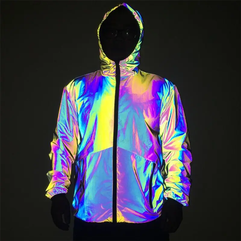 Men Reflective Hooded Jacket Casual Night Colorful Windbreaker Man