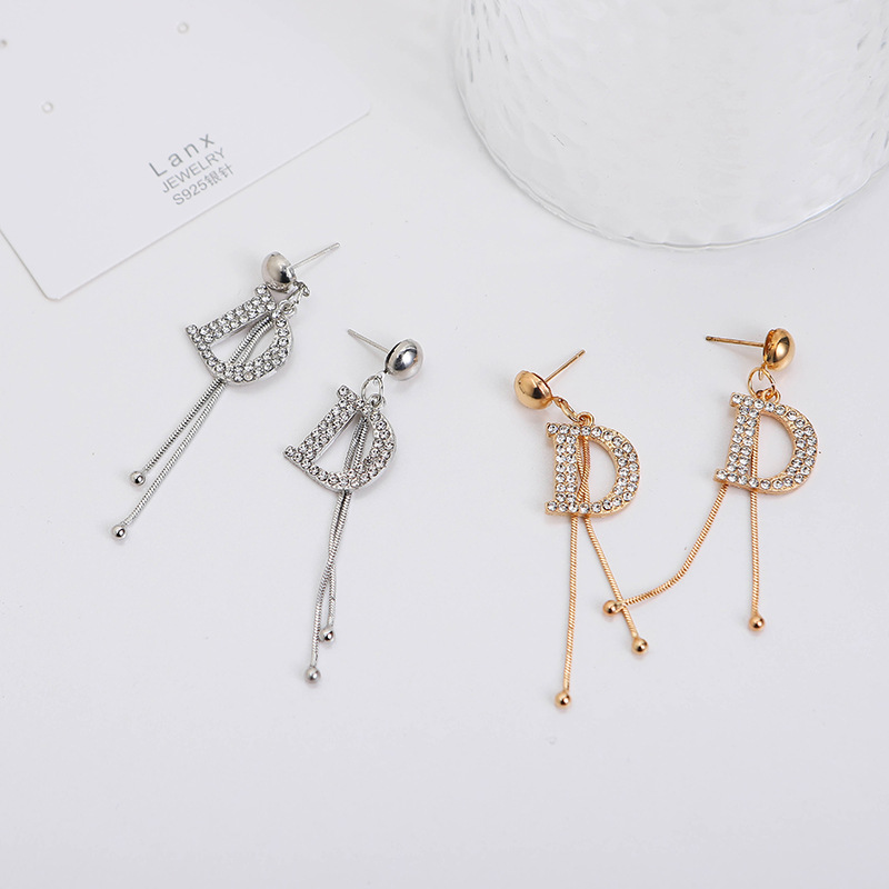 925 Silver Needle Diamond Letter Tassel Earrings Net Red Small Fragrant Style Trendy Temperament Female Long Thin Earrings