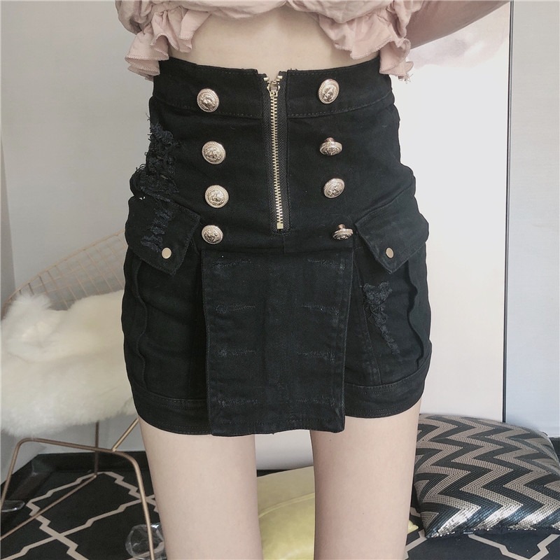 Spring High Waist Golden Double-Breasted Bag Hips Distressed Retro Thin Elastic Denim Shorts Women