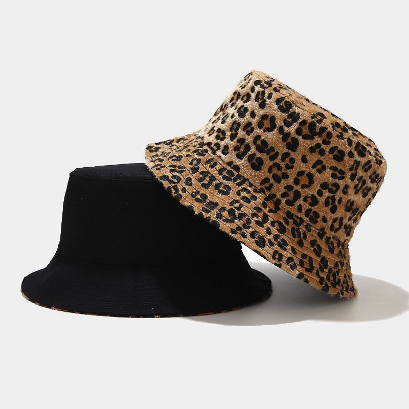 Leopard Double-sided Fisherman Hat Female Woolen Bowl Hat Autumn And Winter Outdoor Sun Hat