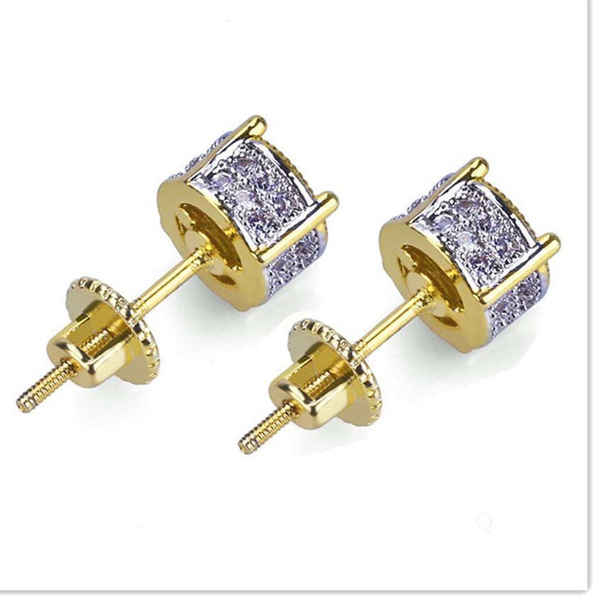 Explosive EuropeanAnd American Hip-Hop Ear Studs Micro-Inlaid Zircon Round Two-Color Earrings Threaded Ear Caps