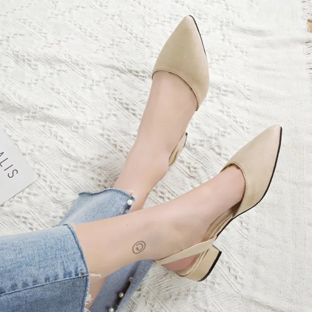 Pointed Thick Heel Sandals Suede Low Heel Casual Women's Shoes Beige - Shop at LoveMi