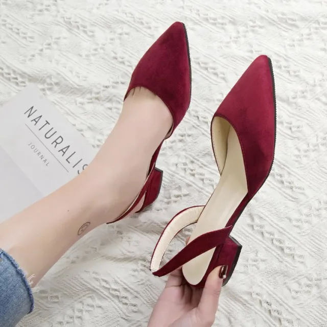 Pointed Thick Heel Sandals Suede Low Heel Casual Women's Shoes Wine - Shop at LoveMi