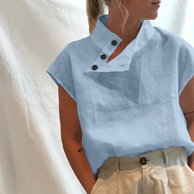 Large Women'S Sleeveless Shirt Solid Slim Collar Shirt Blue - Shop at LoveMi