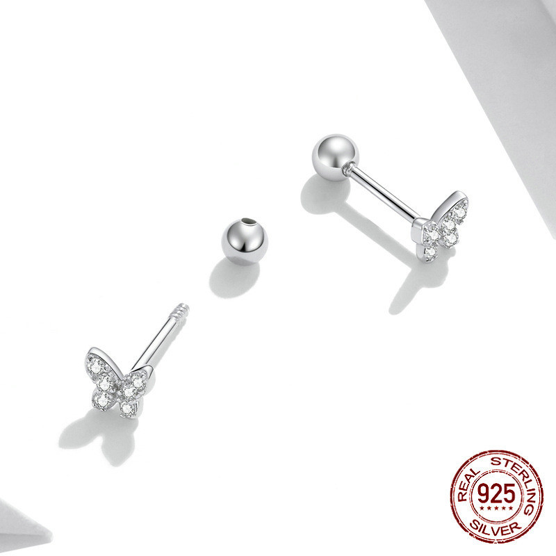 S925 Butterfly Earrings Fresh Simple And Compact Platinum-plated Zircon Butterfly