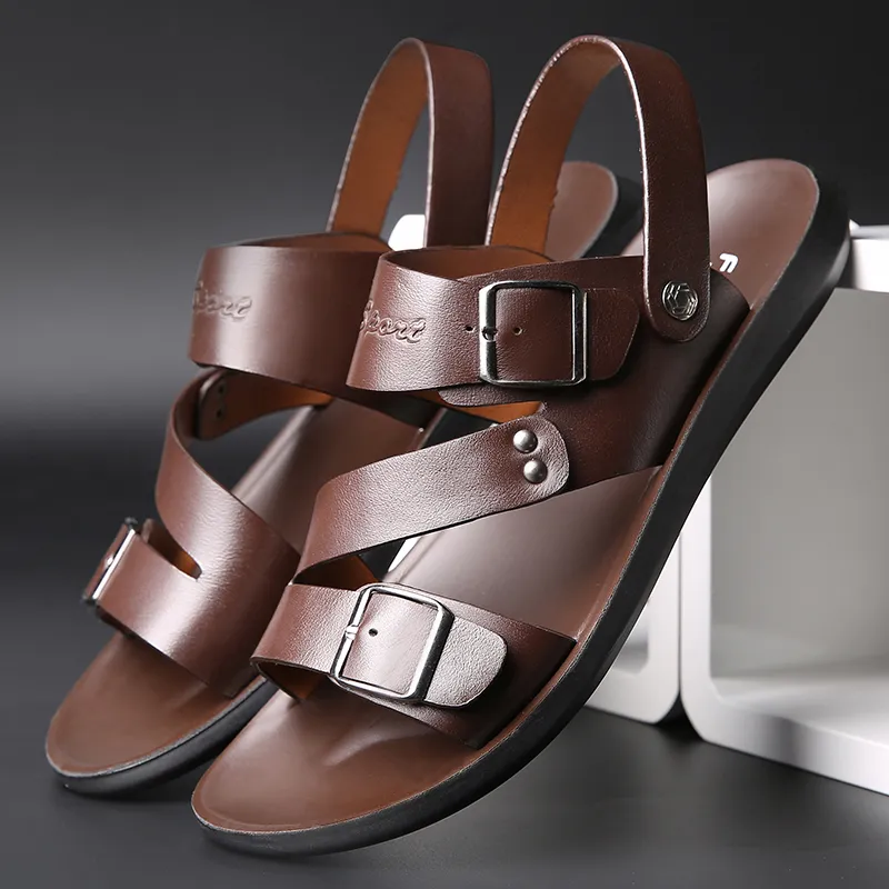 Two-layer Leather Casual Fashion Beach Shoes Thick-soled Sandals Men's Dual-use Sandals And Slippers