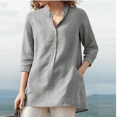 Women's Three-quarter Sleeve Stand Collar Cotton And Linen Casual Pullover Shirt