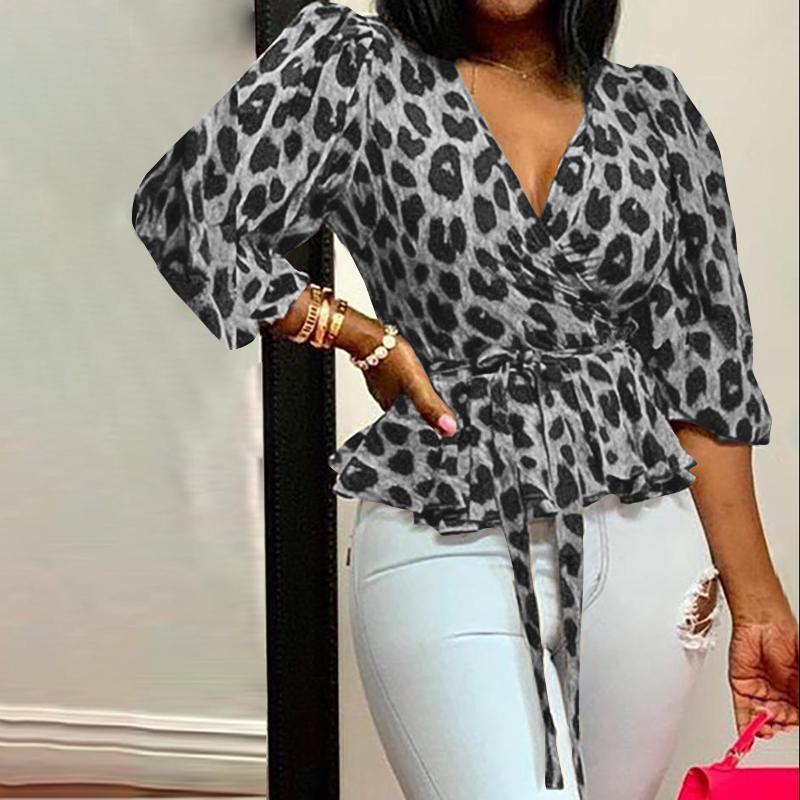 Cross Border Wish Europe And America Ebay Amazon Large V-Neck Long Sleeve Loose Leopard Print Top Women's Clothing