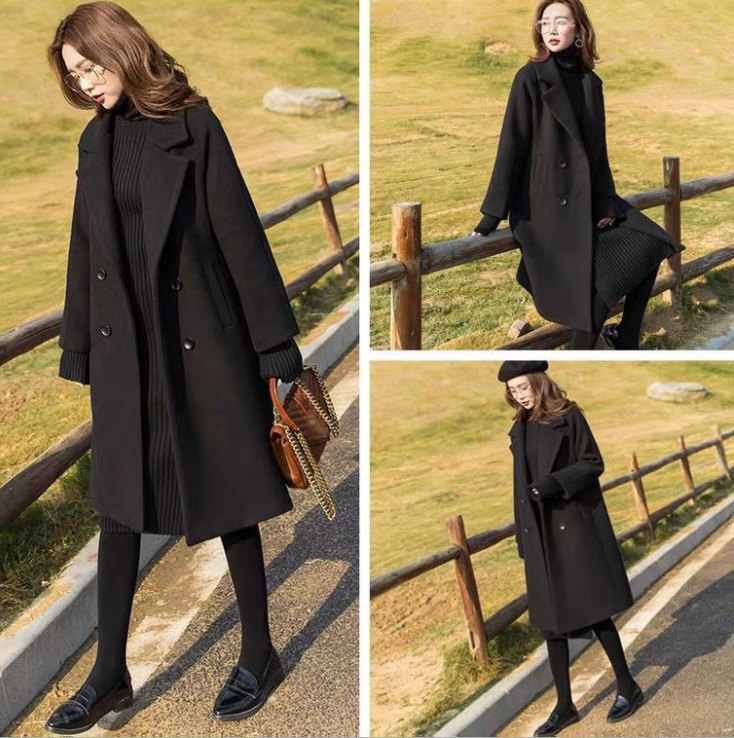 Women's Fashion Black Loose Woolen Coat