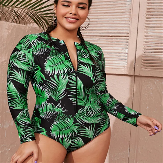 Cross Border New European And American Ladies Plus Size One Piece Swimsuit, Long Sleeved Printed Zipper Fat Lady Conservative Swimsuit Green - Shop at LoveMi