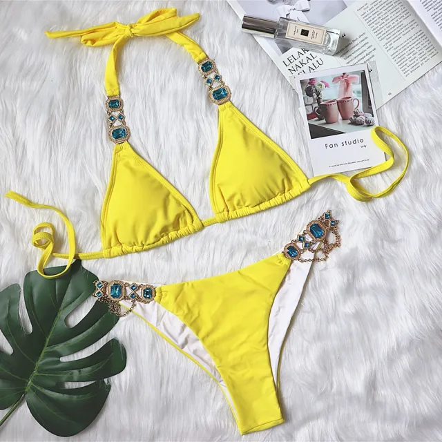 New Sexy Purple Halter Crystal Diamond Bikini Female Swimsuit Women Swimwear Rhinestone Bikini Yellow - Shop at LoveMi
