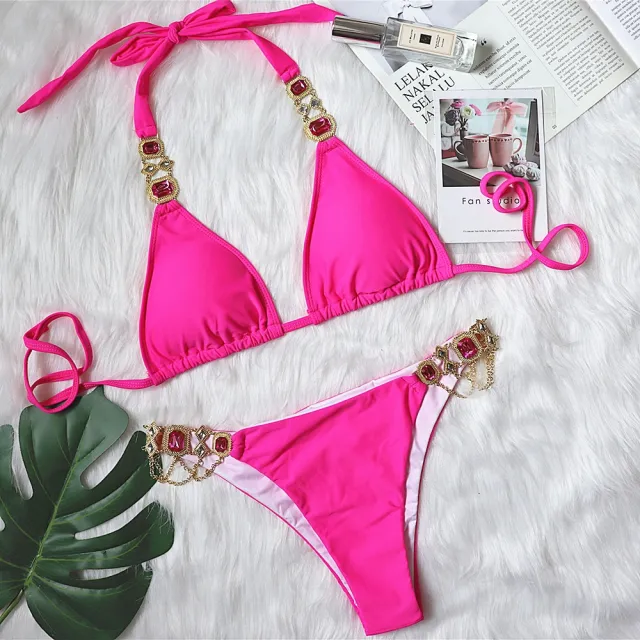 New Sexy Purple Halter Crystal Diamond Bikini Female Swimsuit Women Swimwear Rhinestone Bikini Rose - Shop at LoveMi