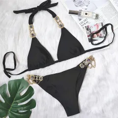 New Sexy Purple Halter Crystal Diamond Bikini Female Swimsuit Women Swimwear Rhinestone Bikini - Black - View 1