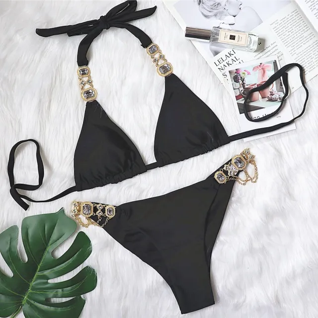 New Sexy Purple Halter Crystal Diamond Bikini Female Swimsuit Women Swimwear Rhinestone Bikini Black - Shop at LoveMi
