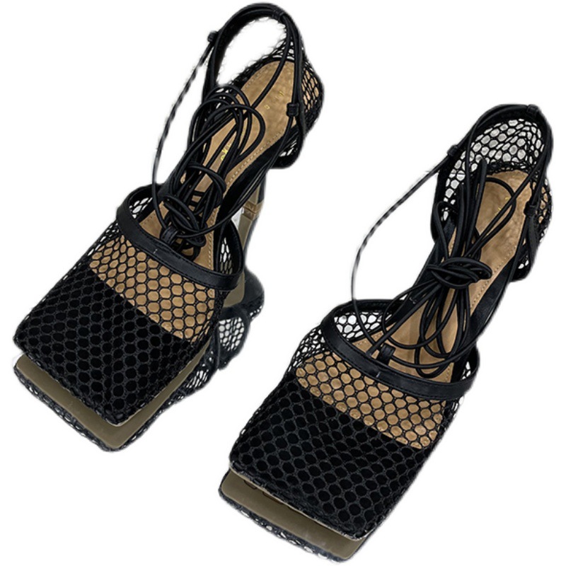  New Spring European And American Fashion Sandals Mesh Breathable Square Toe Cross Straps Ladies Stiletto Heels 979-8