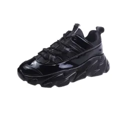 Patent Leather Thick-soled High-rise Casual Polyurethane Sneakers - Black - View 1