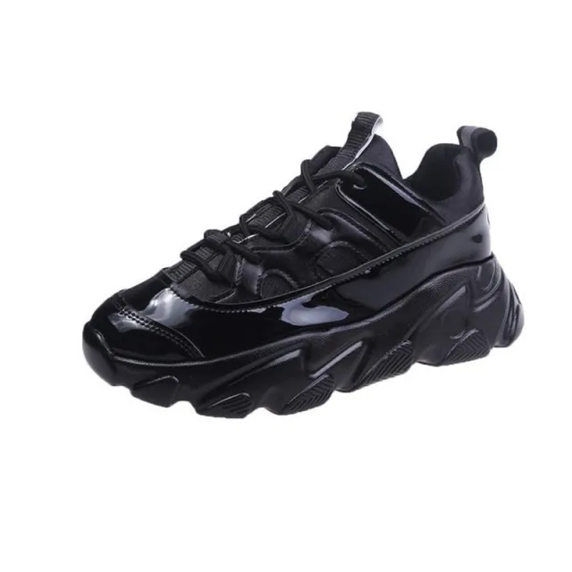 Patent Leather Thick soled High rise Casual Polyurethane Sneakers Black - Shop at LoveMi