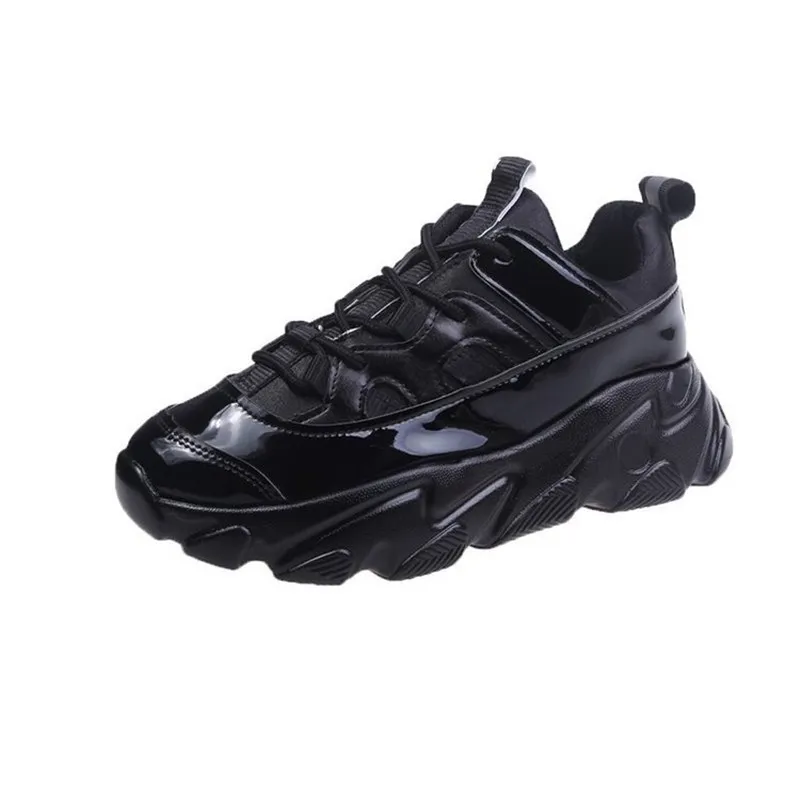 Patent Leather Thick-soled High-rise Casual Polyurethane Sneakers - Black