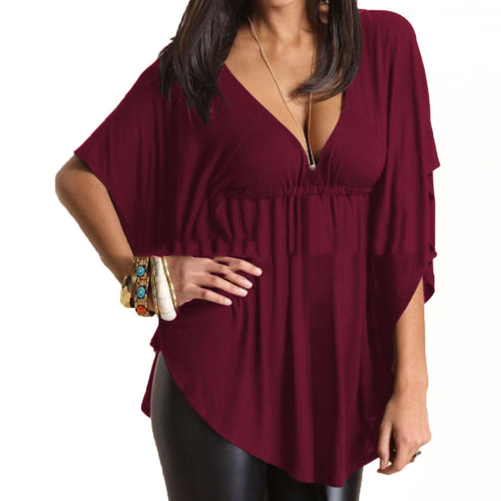European And American Solid Color Loose V-Neck T-Shirt Mid-Sleeve Plus Size Women'S Top