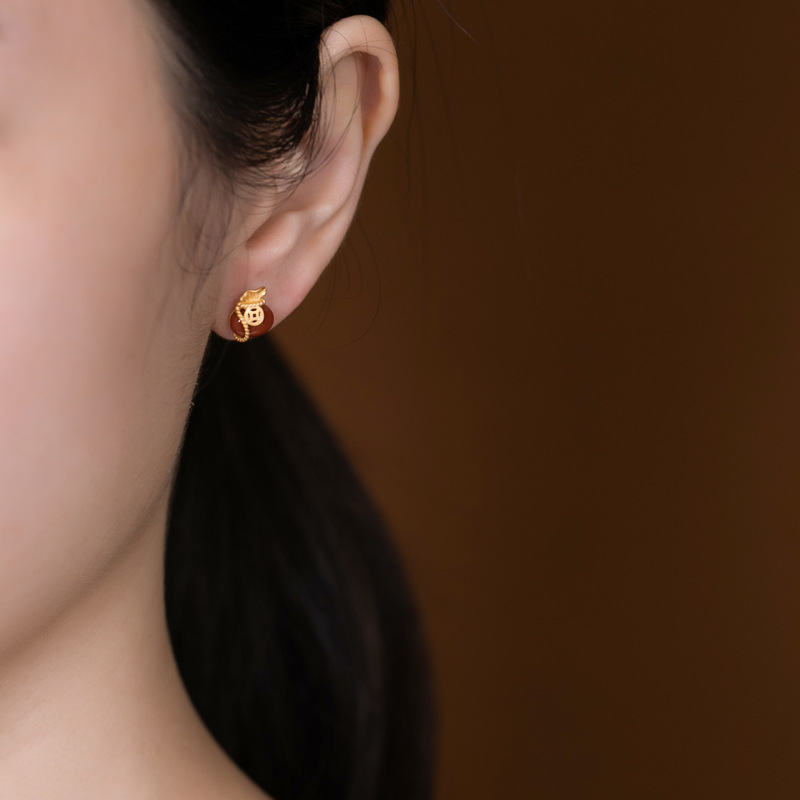Silver Gold-Plated Red Agate And Tian Jade Retro Personality Lucky Bag Wallet Ladies Earrings