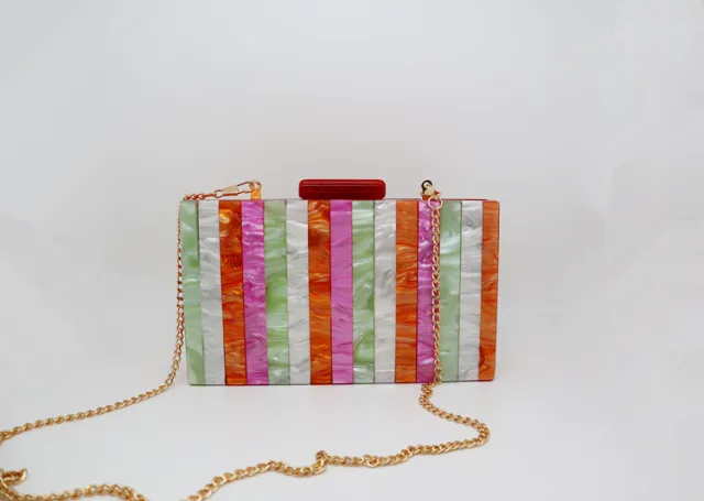 Candy Color Striped Acrylic Dinner Bag European And American Fashion Pearlescent Vertical Stitching Clutch Handbag Orange - Shop at LoveMi