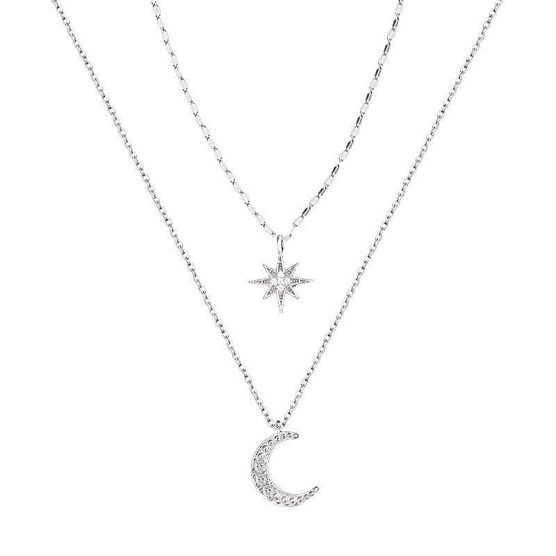 Sterling Silver Star And Moon Double Necklace Female Niche Design Temperament