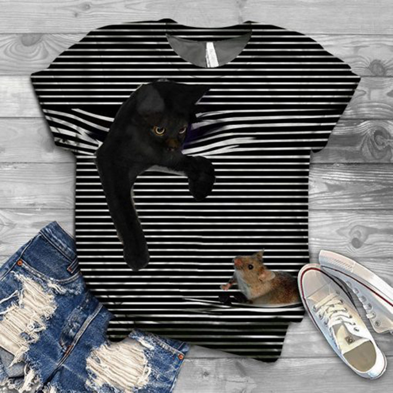 Street Hipster Loose 3D Animal Print European And American Foreign Trade Hot Style Summer Women's T-shirt Cat Support Customization