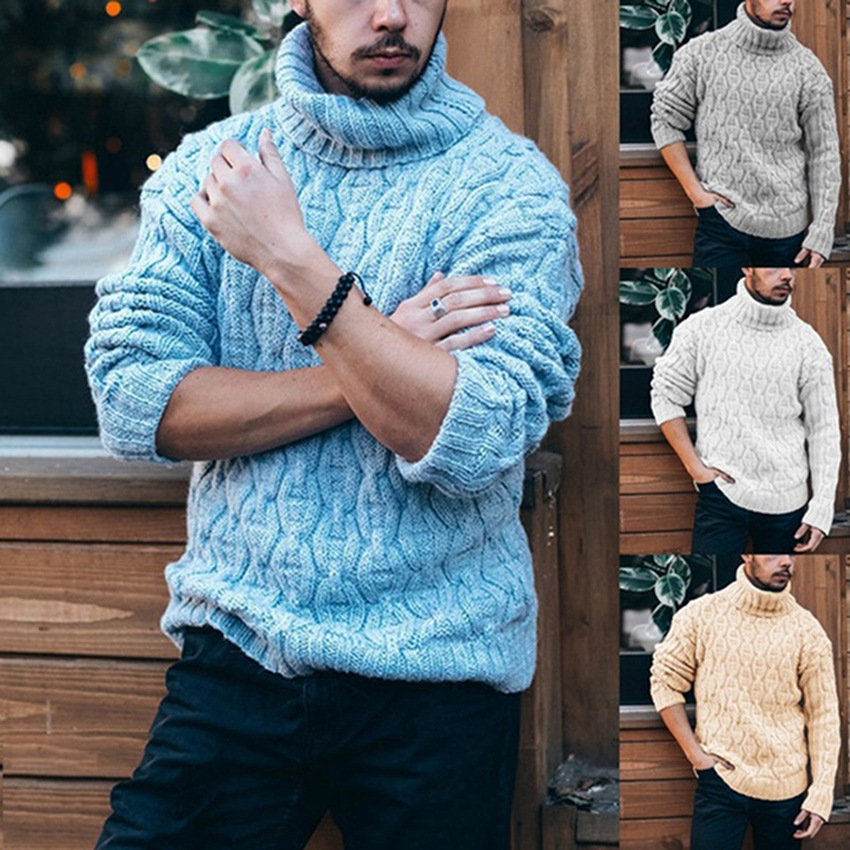 Men's Solid High Necked Diamond Twist Thick Knitting Sweater