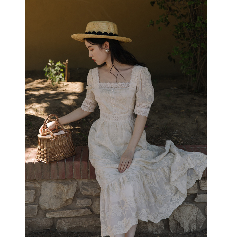 French Style Lace Embroidered Square Collar Retro Dress Long Skirt — image 1
